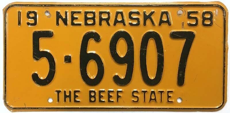 Nebraska 1958 The Beef State License Plate 5-6907 Dodge County Very Nice