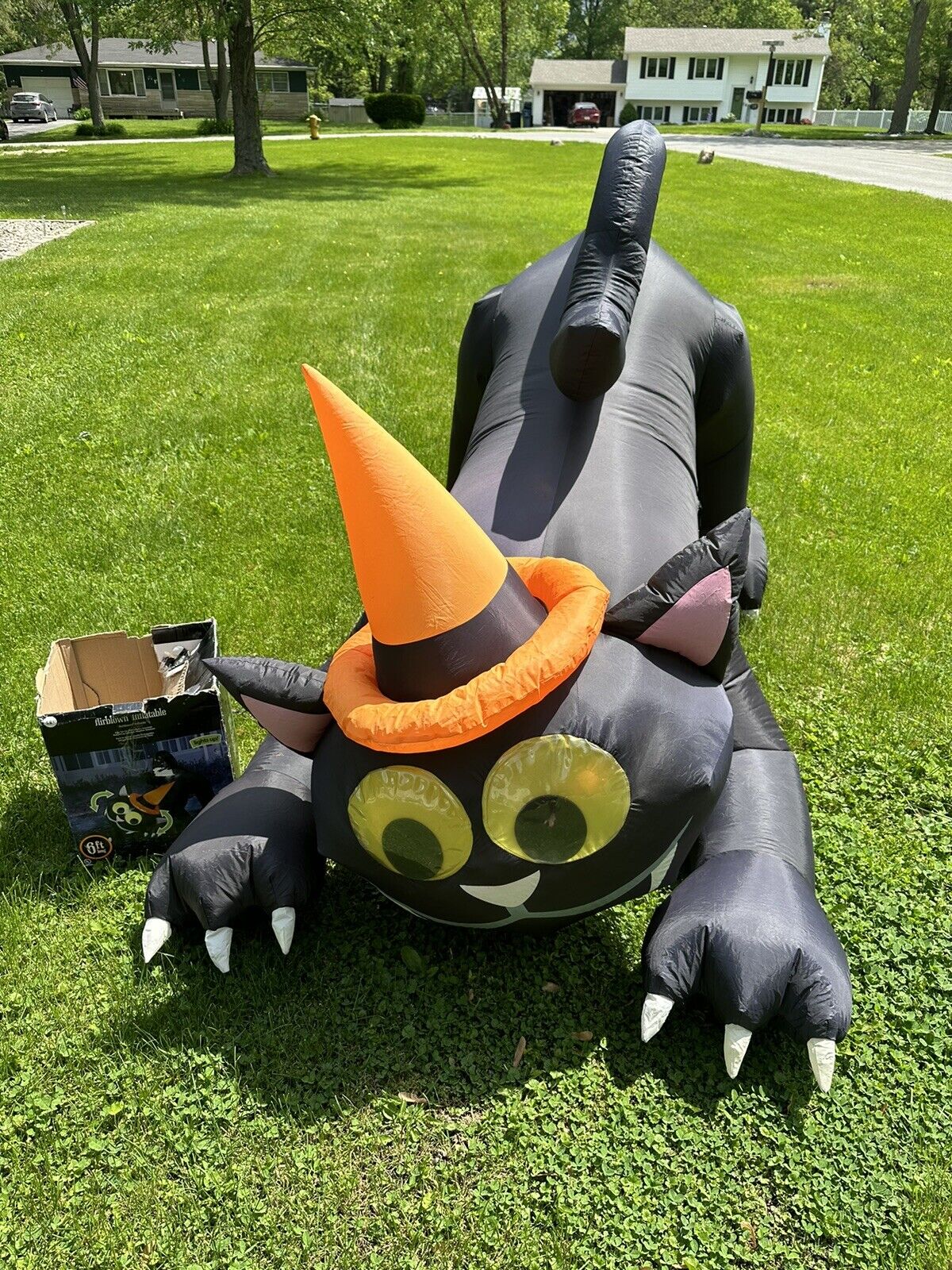 Rare Gemmy 6ft Long Animated Airblown Wiggle Eyes Black Cat Yard Inflatable-Read
