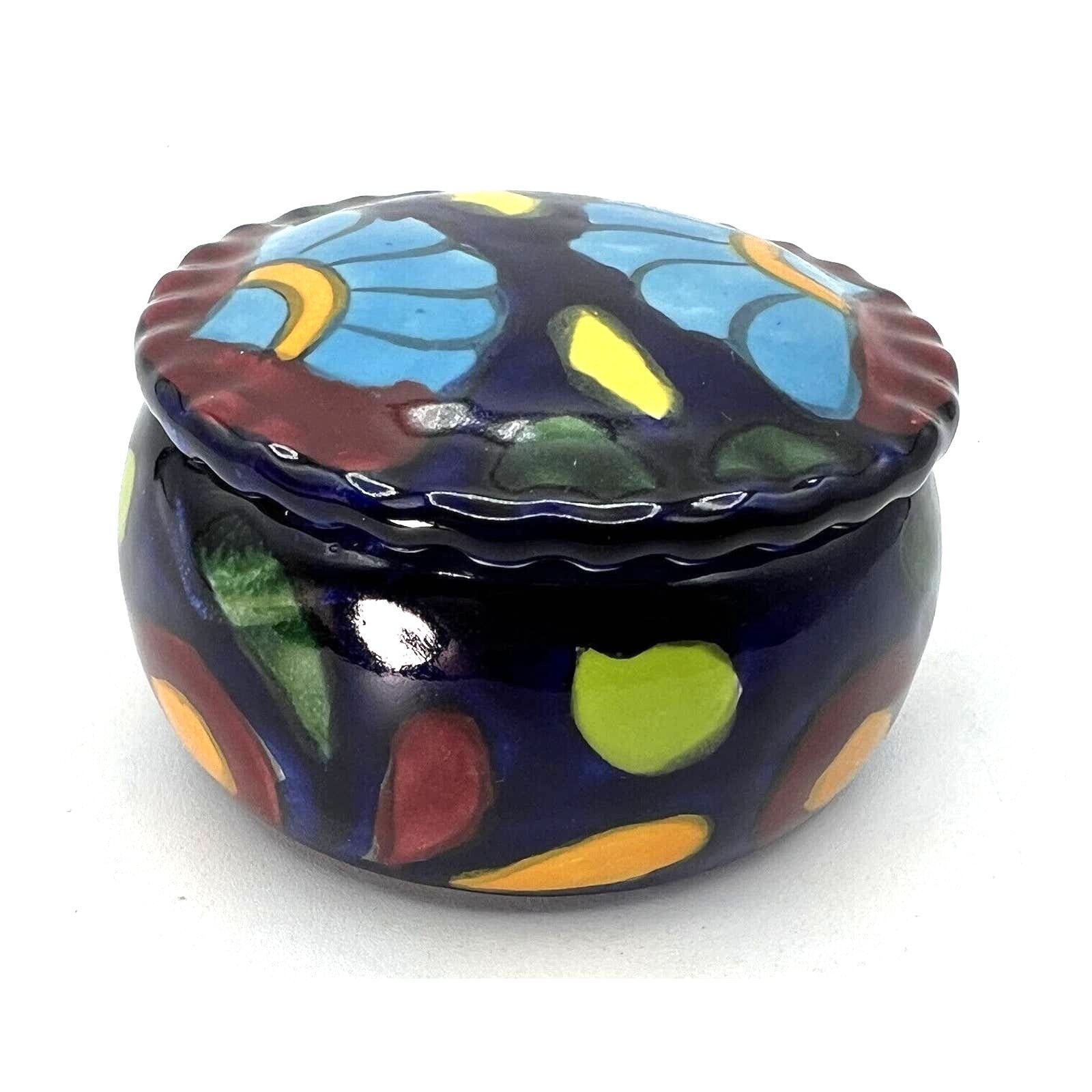 Mexican Pottery Talavera Ceramic Trinket Box w/ Lid Floral Cobalt Blue Vanegas