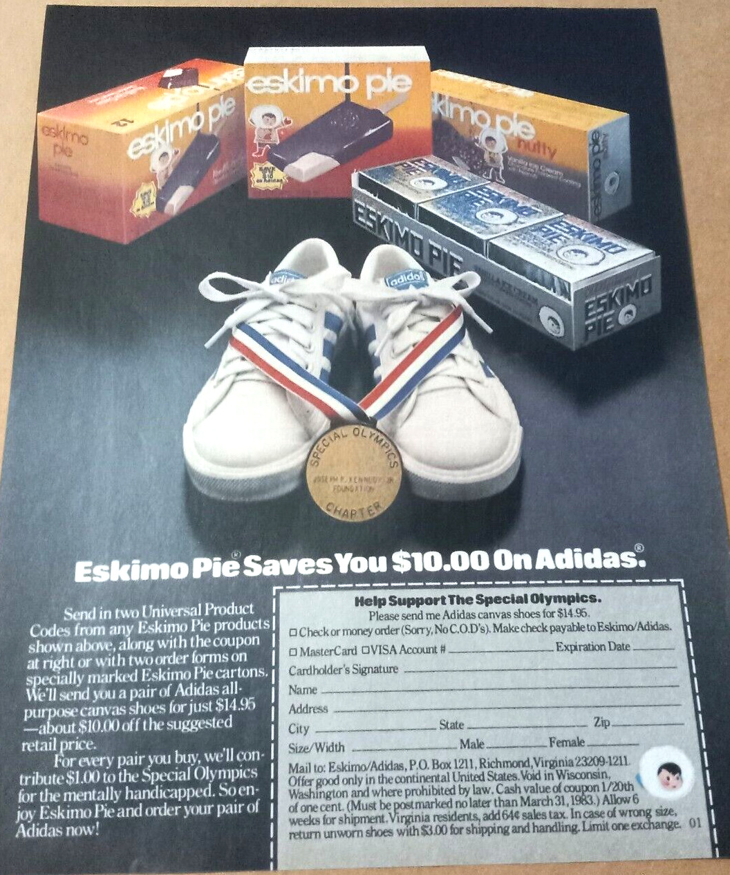 1982 print ad - Eskimo Pie ice cream bars Special Olympics Adidas advertising
