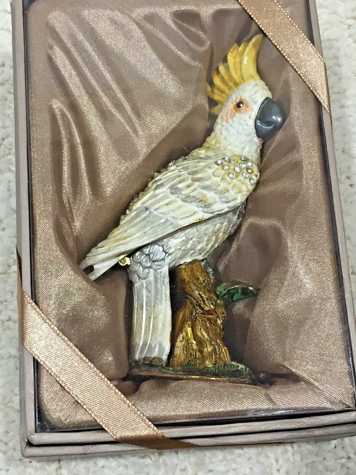 Cockatoo Enameled & Crystal Bejeweled Hinged Metal Trinket Box  4 1/4\