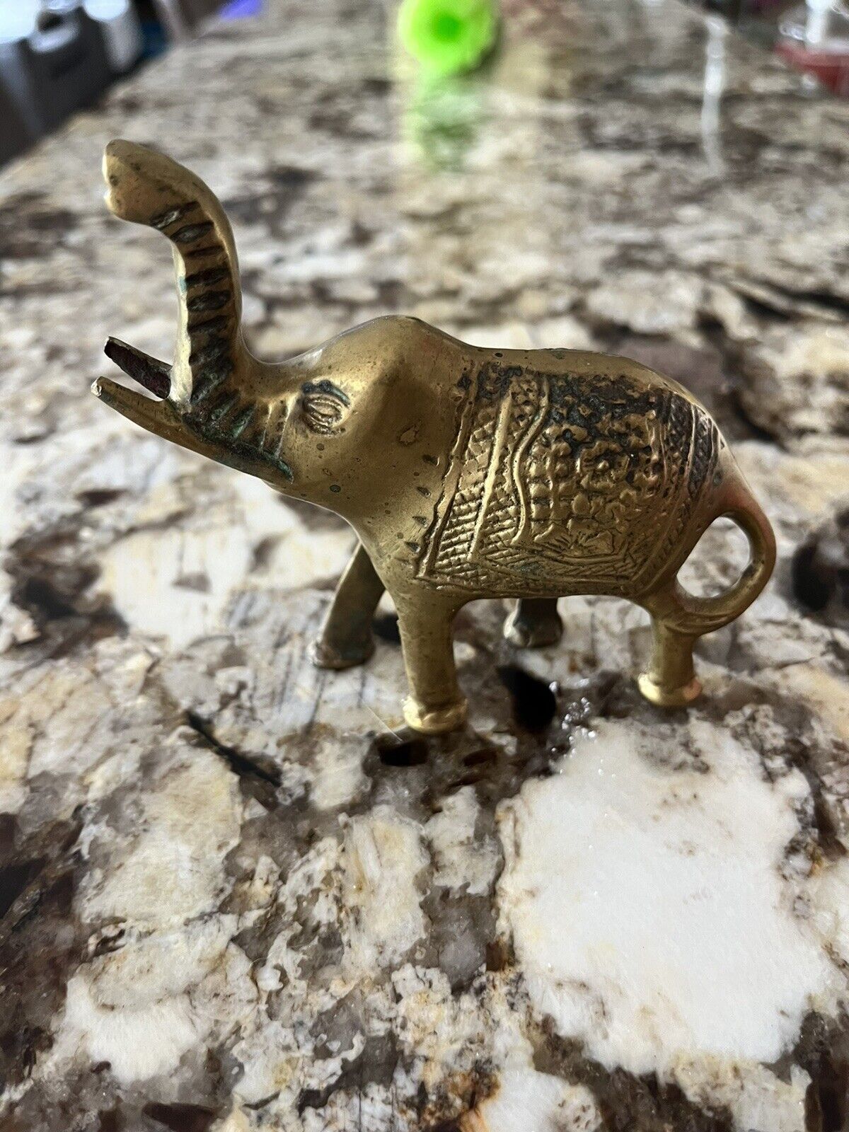 Vintage Brass Metal Elephant Figurine Statue Trunk Up Large Ears India Ornate