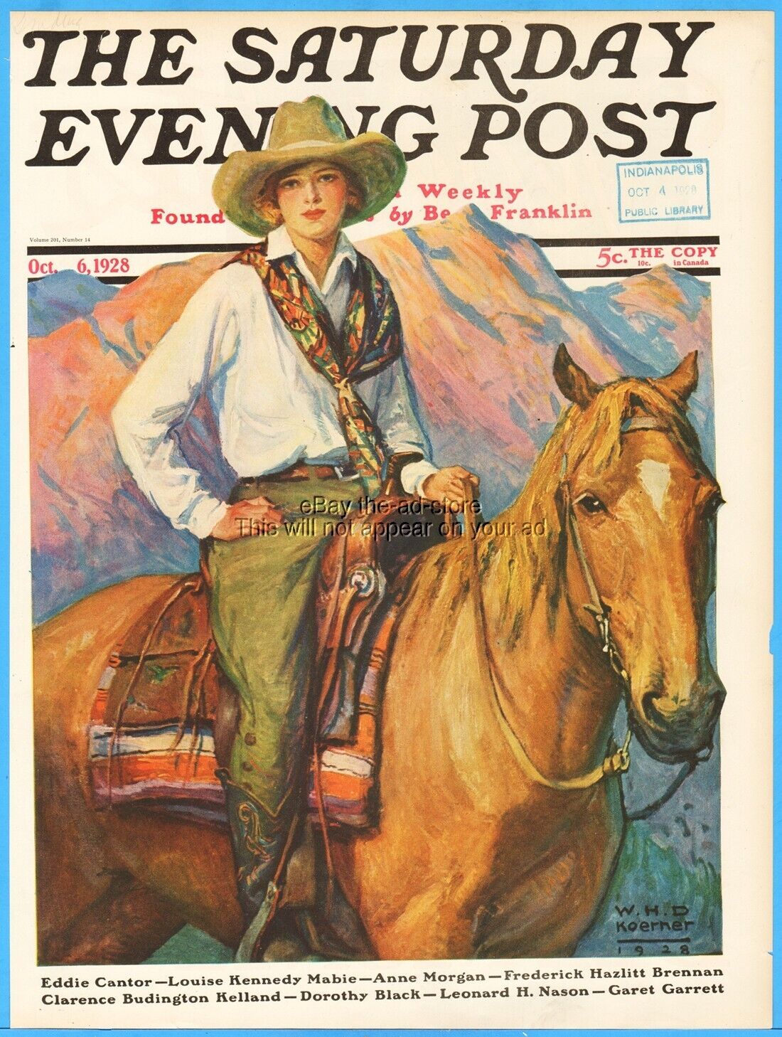 1928 Saturday Evening Post W.H.D. Koerner Woman on Horse Mnt Front Cover ONLY
