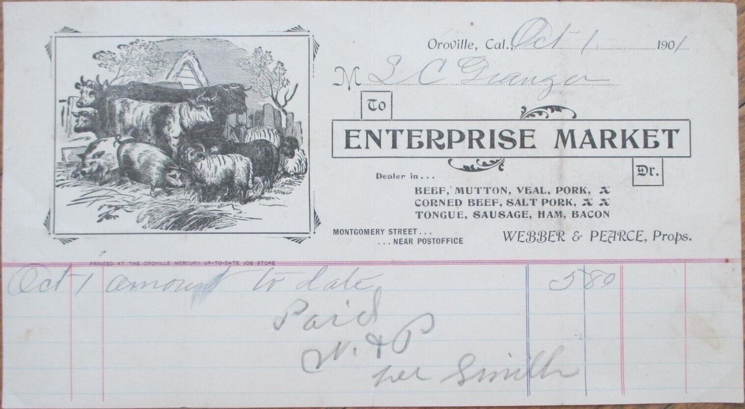 Oroville, CA 1901 Butcher Letterhead, Enterprise Meat Market, Beef Mutton Veal