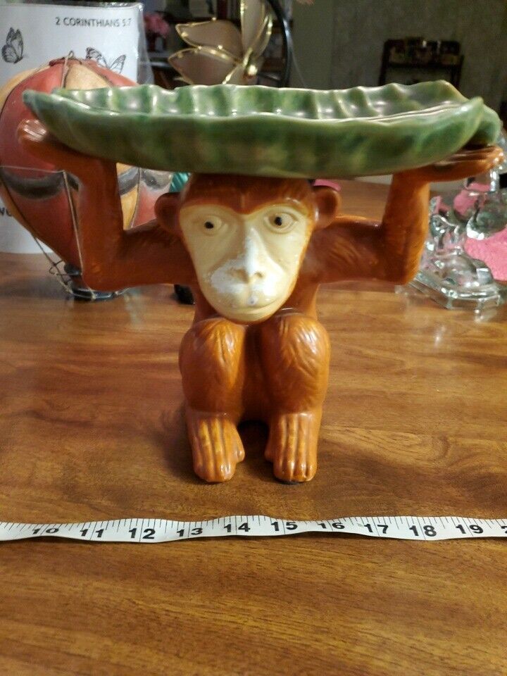 Majolica Style Brown Monkey Holding a Large Green Leaf  Figurine