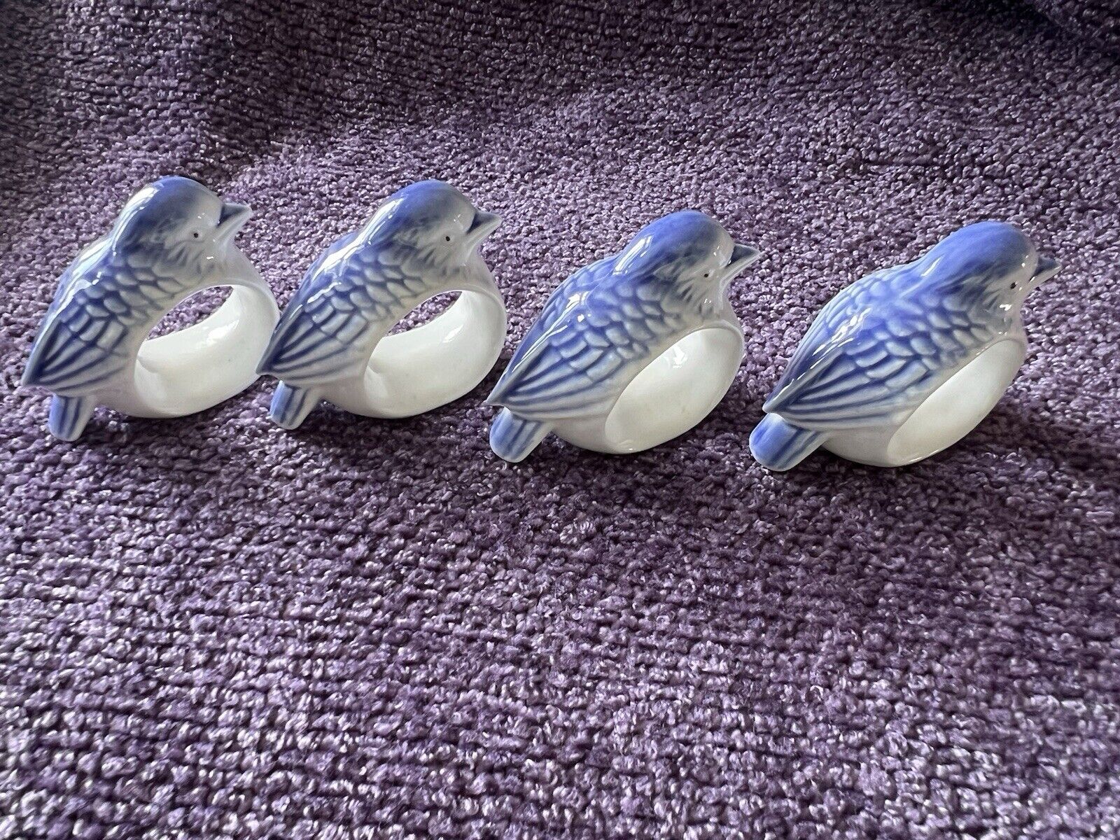 4 Porcelain Blue Bird Napkin Ring Holders Taiwan