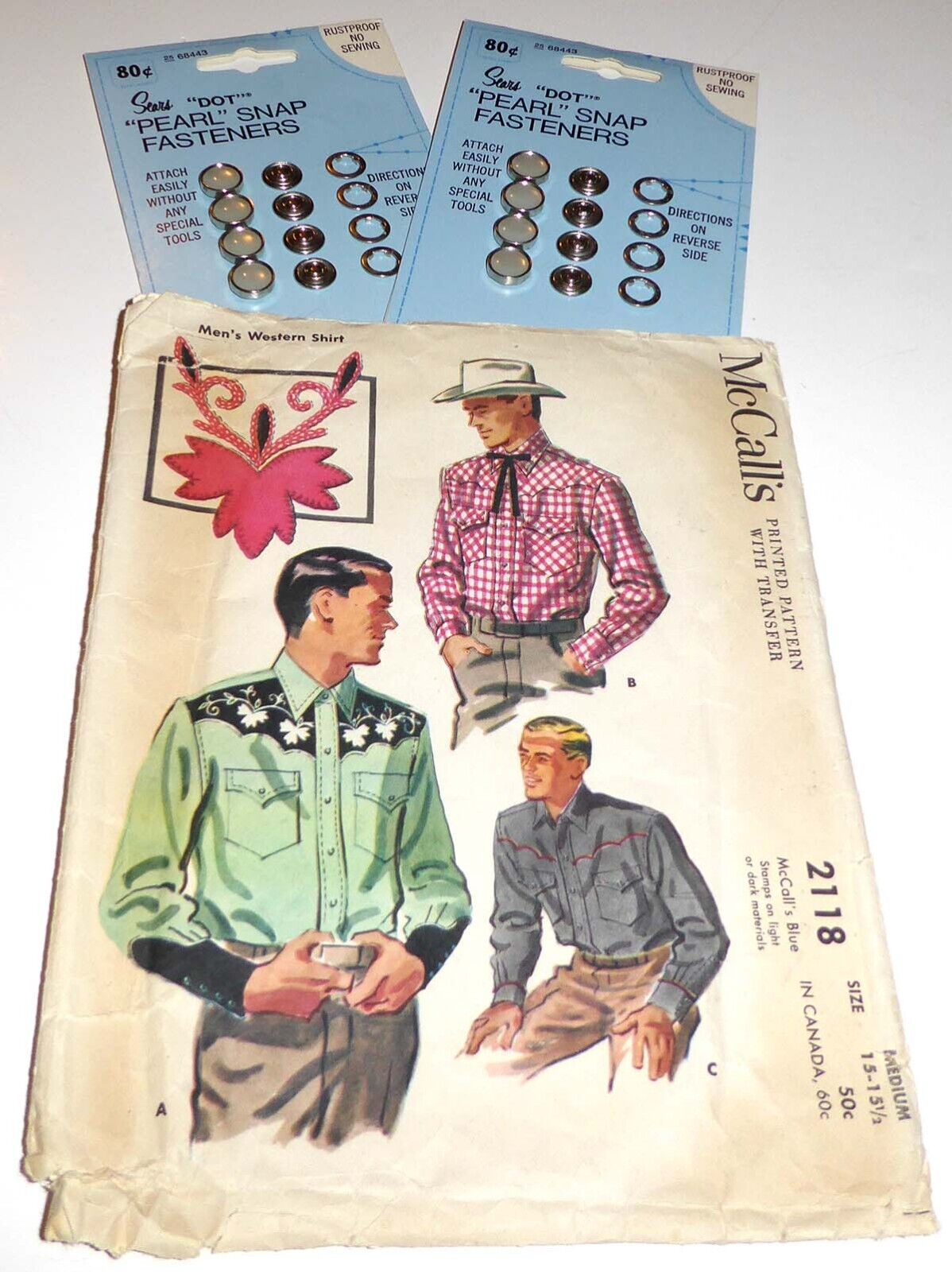 VTG 1956 MEN\'S WESTERN/COWBOY SHIRT PATTERN + PEARL SNAP BUTTONS~SZ 15-15 1/2