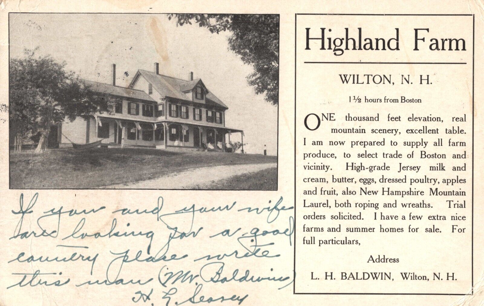 Highland Farm Wilton New Hampshire High Grade Dairy Seller Vintage 1907 Postcard