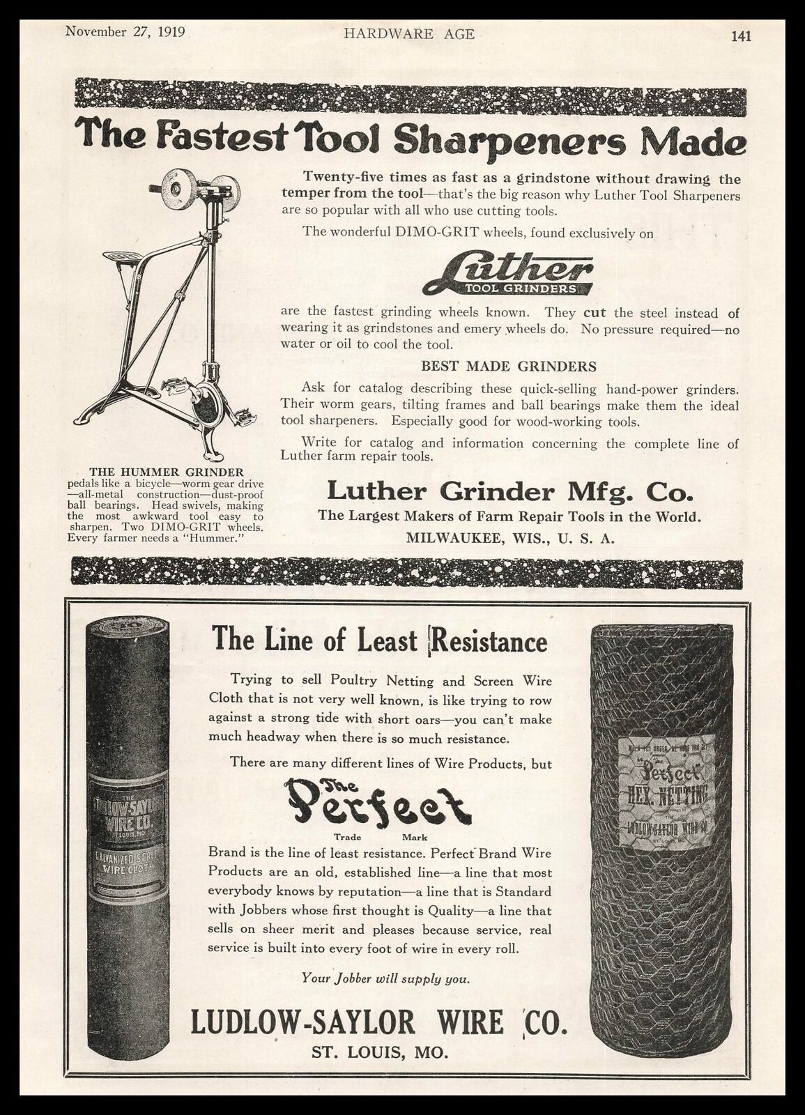 1919 Luther Hummer Grinders Dimo-Grit Wheel Tool Sharpers Milwaukee WI Print Ad
