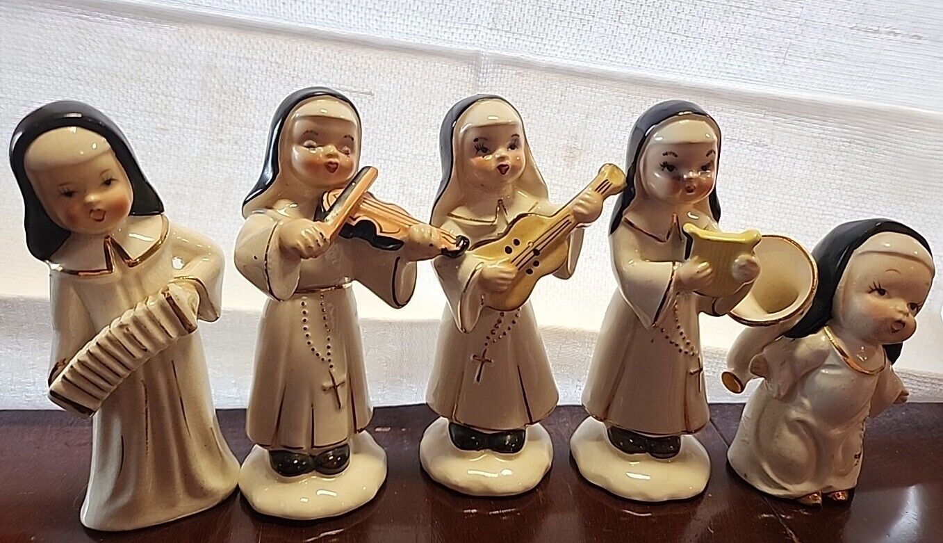Vintage Chase Handpainted Japan Porcelain Nuns Band Playing Set Of 5 