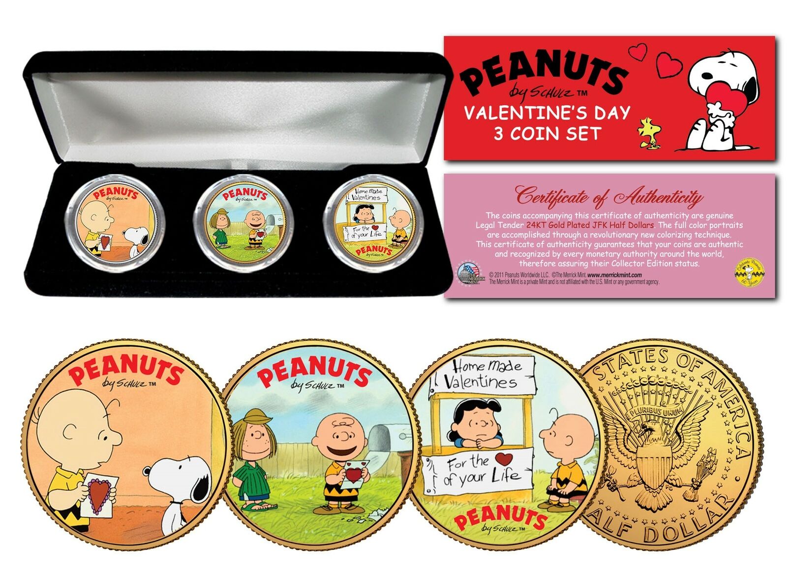 PEANUTS VALENTINES DAY Charlie Brown & Lucy 24K JFK Half Dollar 3-Coin Set w Box