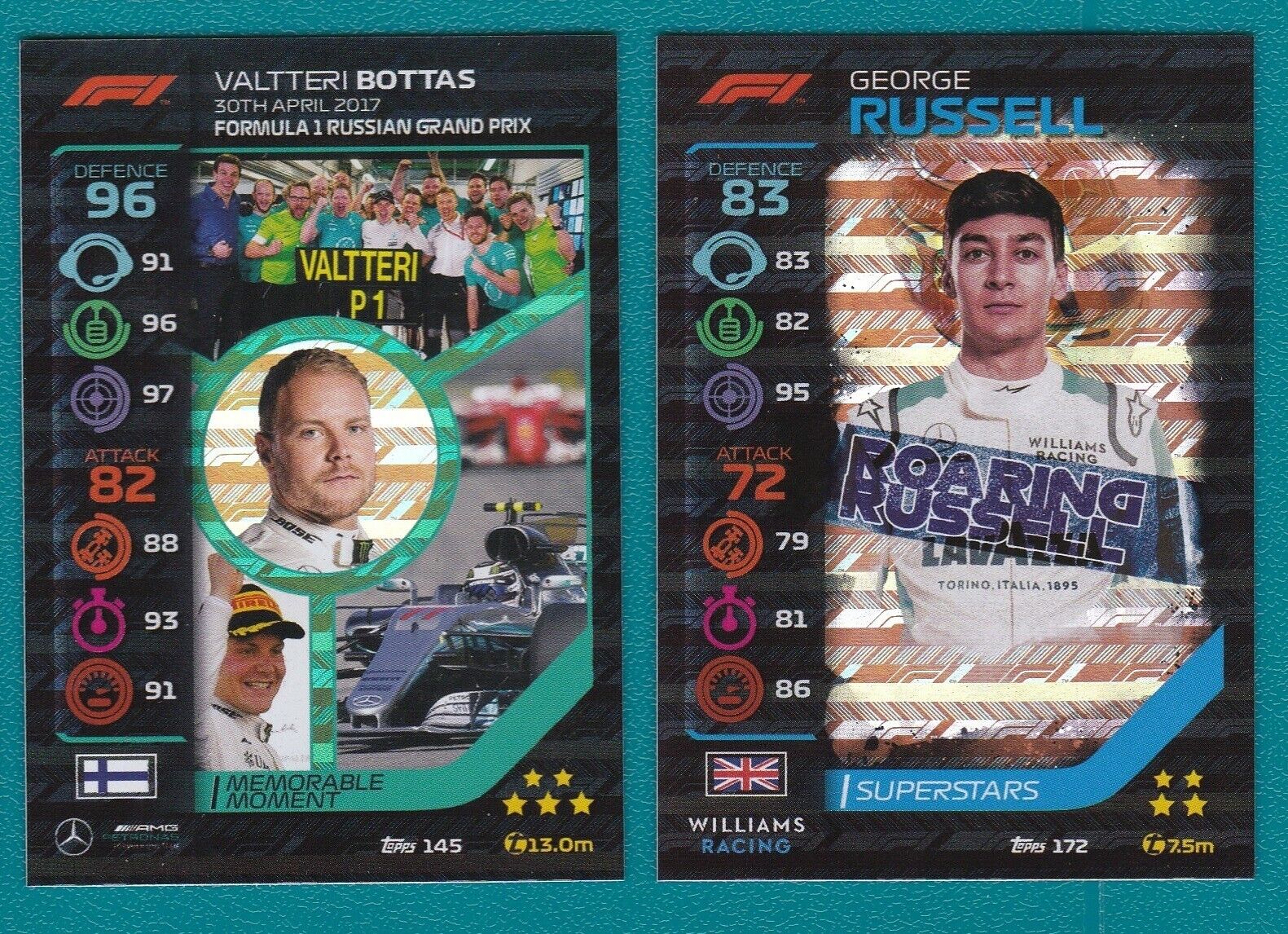 TURBO ATTAX Set of 9 Cards with FOILS 145 VALTTERI BOTTAS and 172 GEORGE RUSSELL