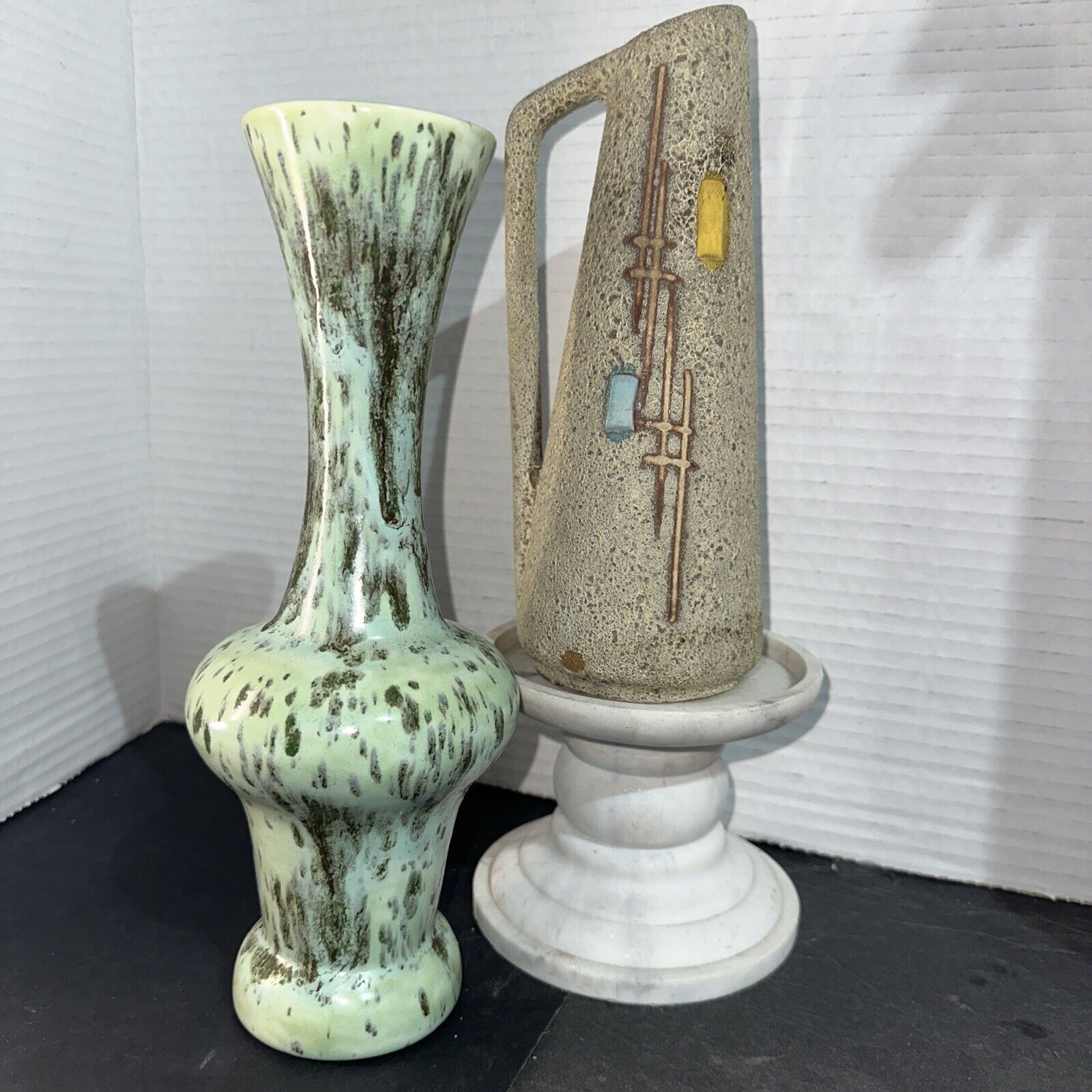 Vintage Vase Lot Of 2-Tan 50’s German Sz M Vase-Green Flower Vase- Flaws On Both