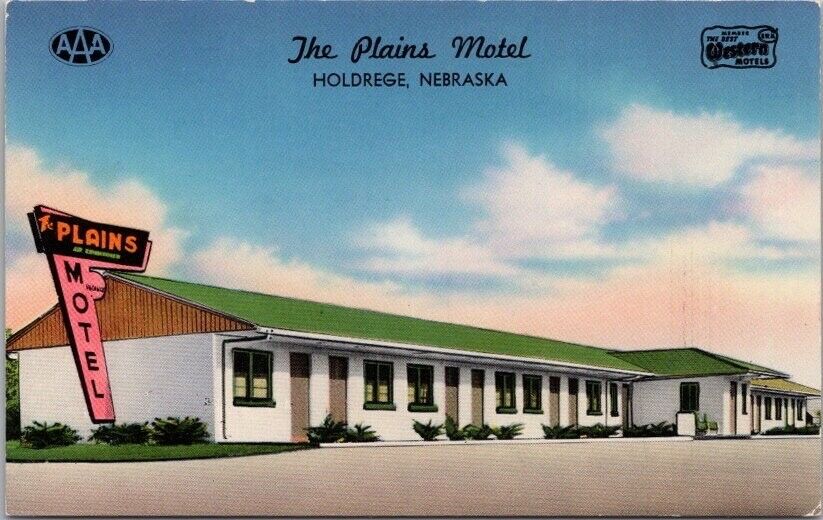 1950s HOLDREGE, Nebraska Postcard THE PLAINS MOTEL Highway 6 / 34 Roadside Linen
