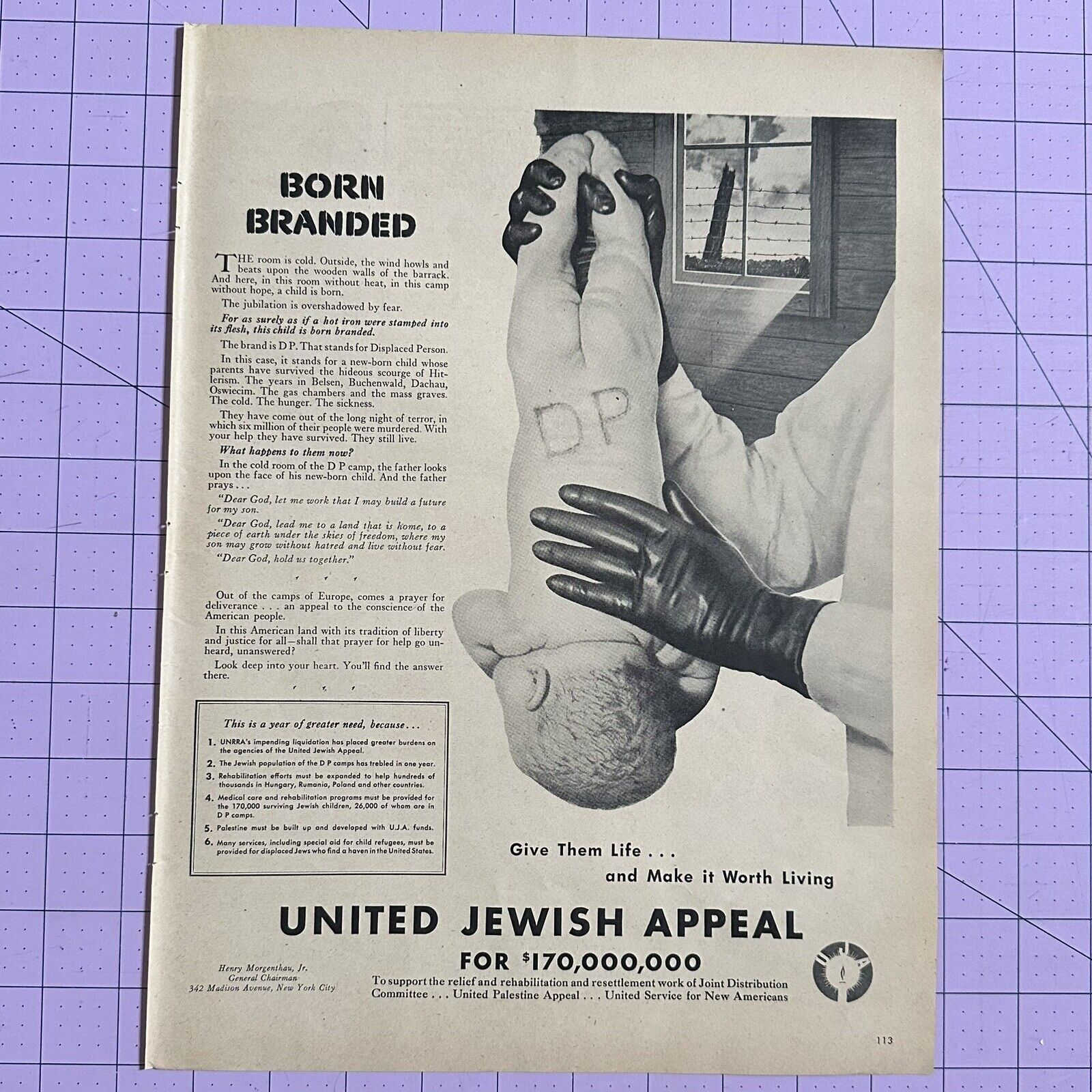 Vintage 1947 United Jewish Appeal Fund Born Branded Jewish Baby Ad