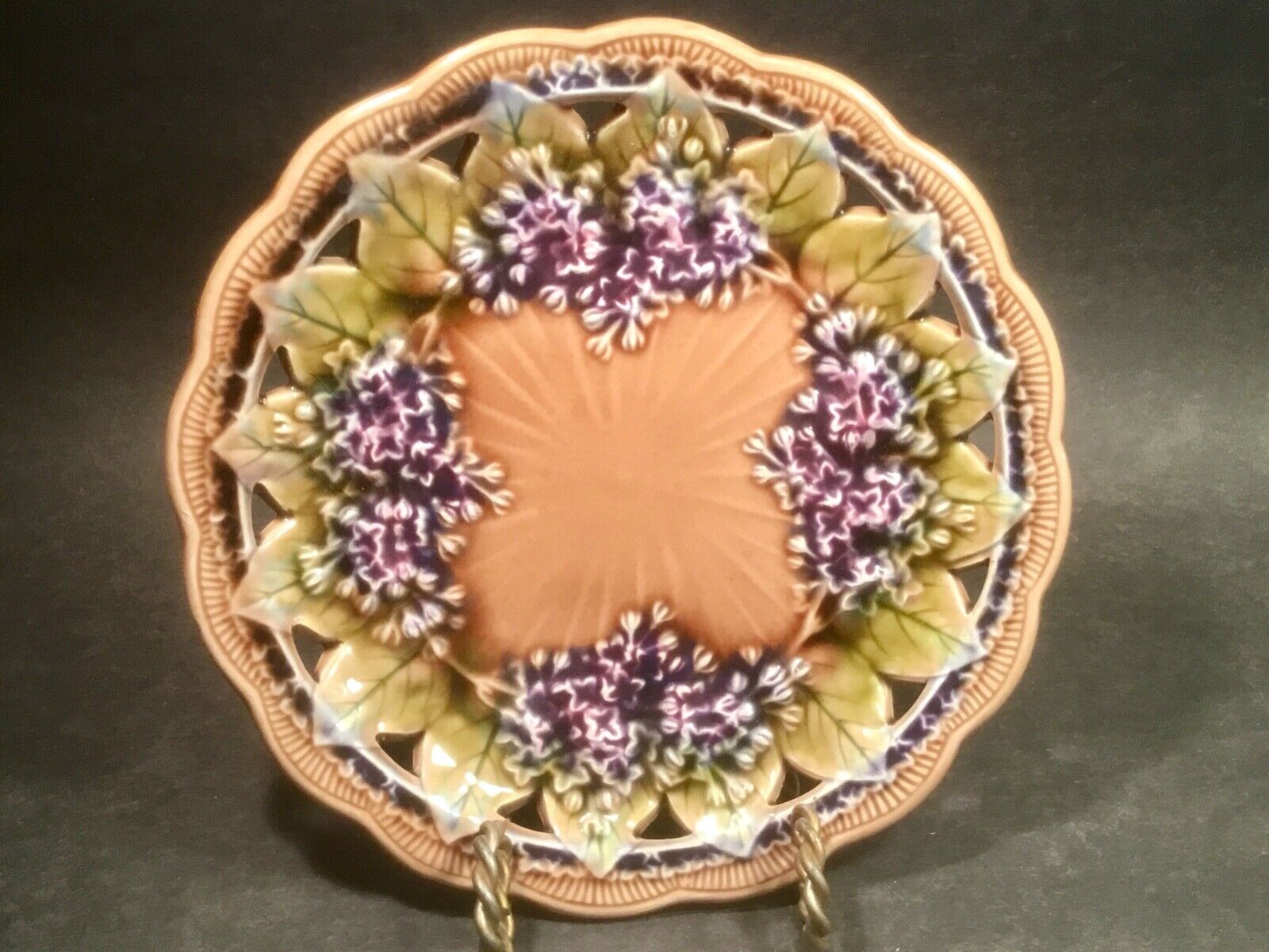 Antique Majolica Purple Lilacs and Green Leaves Reticulated Plate c.1800's