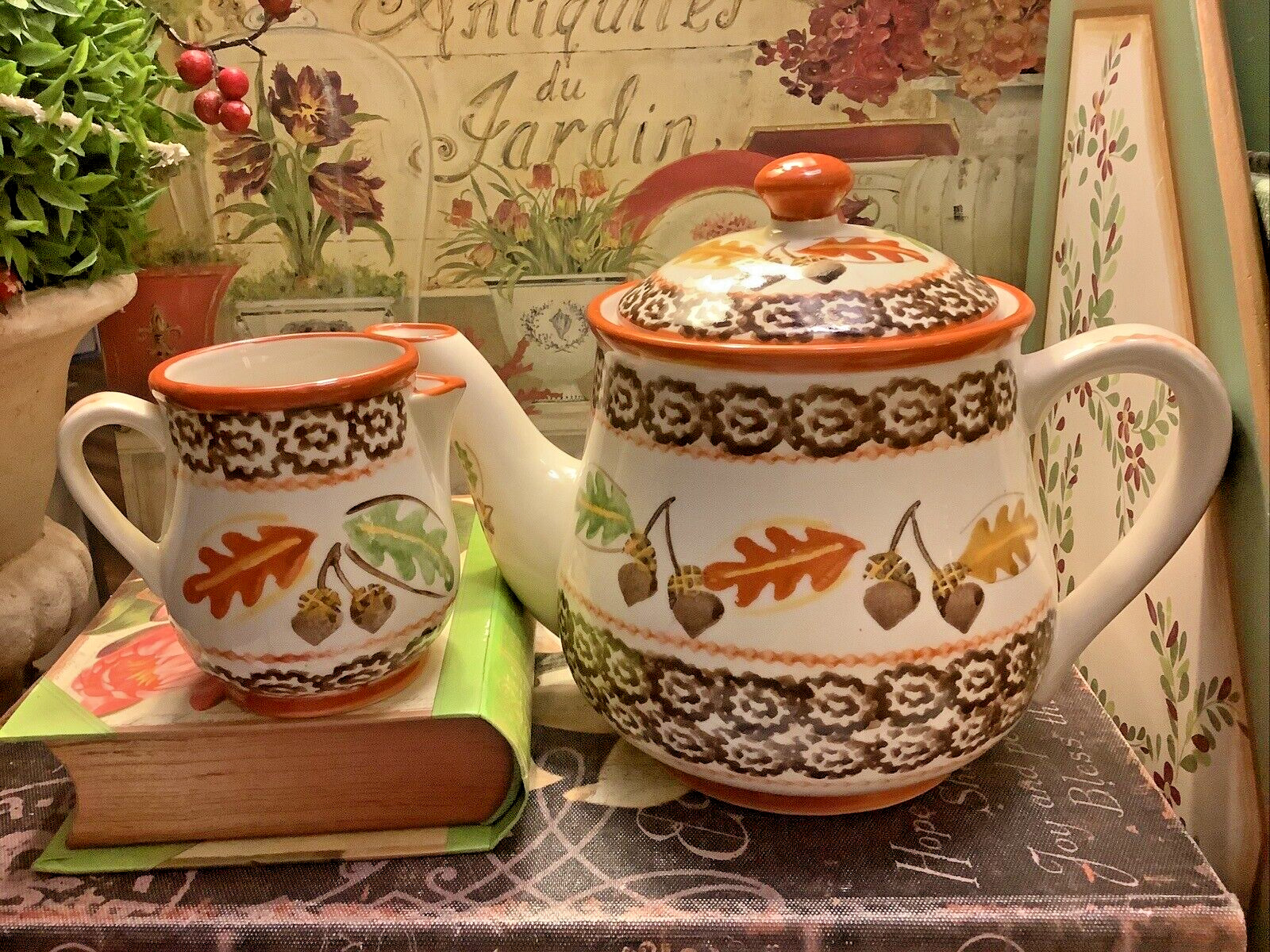 Temptations~Old World~5 Cup Teapot & Creamer~Acorns/Leaves~Fall~FREE SHIPPING~