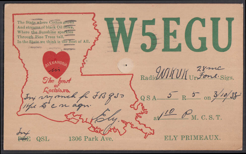 W5EGU Ely Primeaux: Alexandria LA QSL Ham Radio Card 1938
