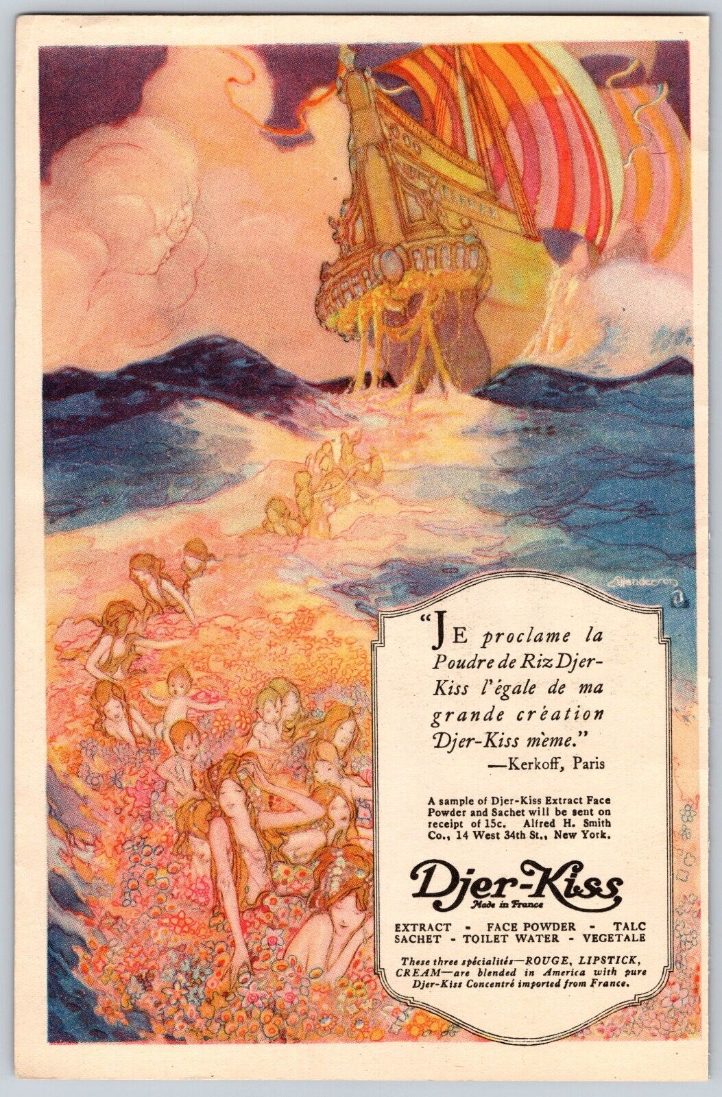 1921 Print Ad Djer-Kiss Cosmetics Sailing Ship Mermaids Flowers Illustration