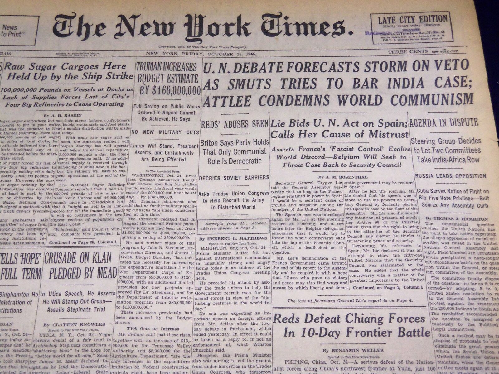 1946 OCTOBER 25 NEW YORK TIMES - U. N. STORM ON VETO - NT 2971