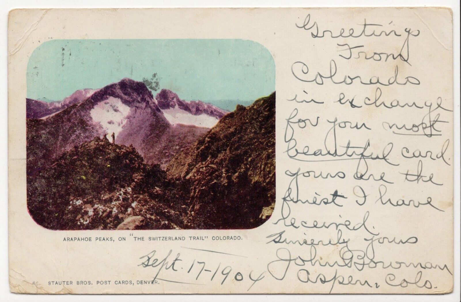 Arapahoe Peaks, Colorado Undivided Back Era 1904 Posted Postcard