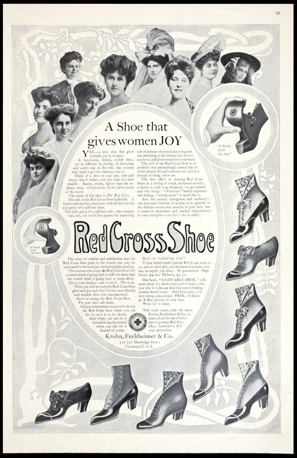 1907 RED CROSS Women\'s Shoes Antique Footwear Lace Button Etc Large Vtg PRINT AD