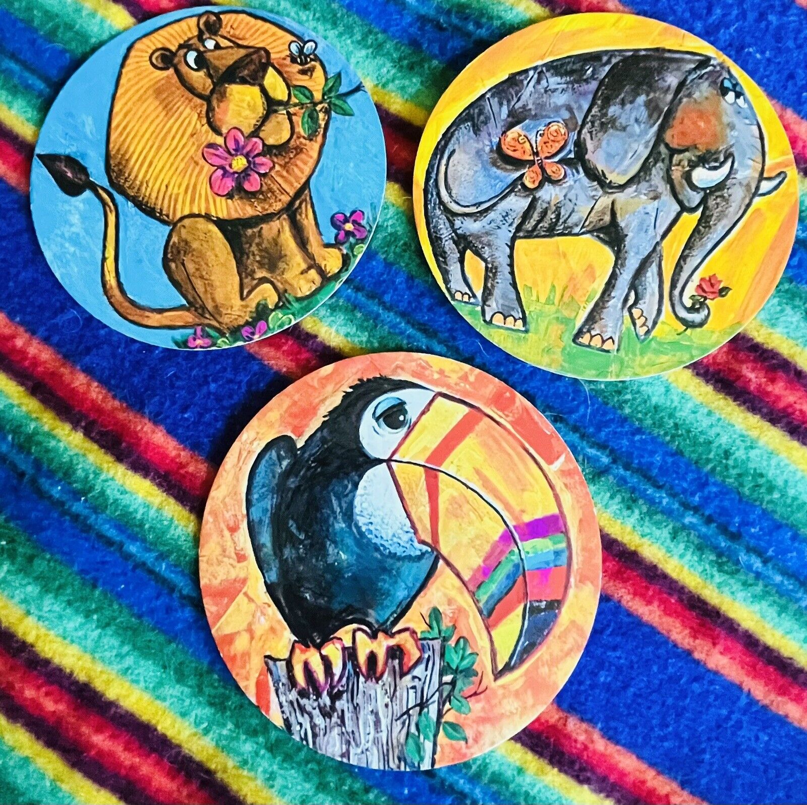 3 Vintage Folgers Coffee Can Lid Wall Animals Plaques Lion, Parrot, Elephant