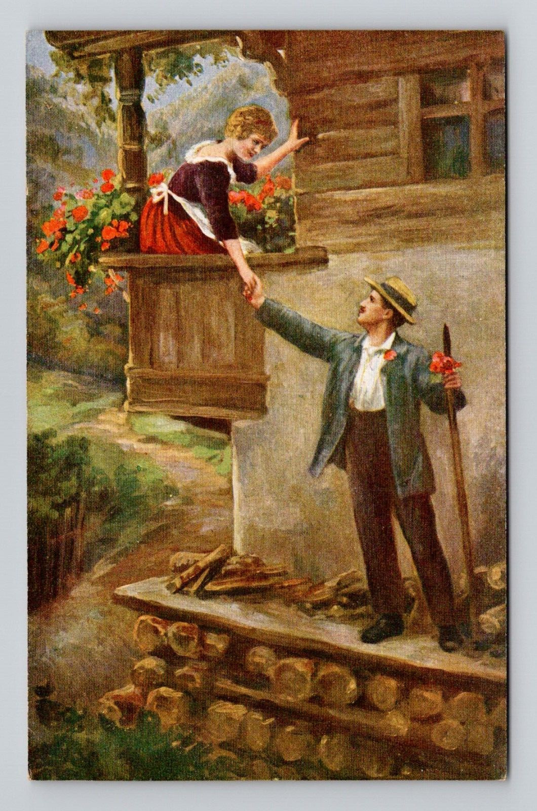 Postcard Romance Greeting Man & Woman on Balcony, Antique A2