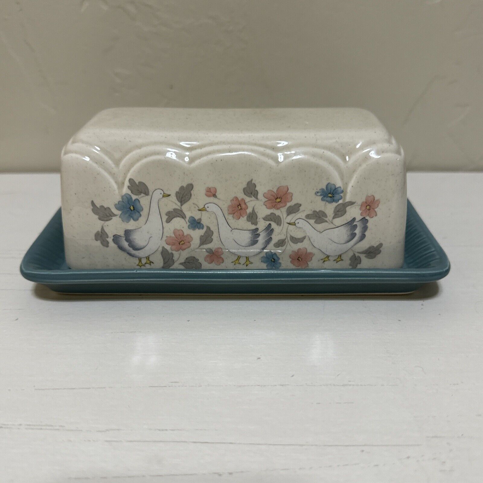 Vintage Country Classics Covered Butter Dish Duck Goose made in Japan stoneware