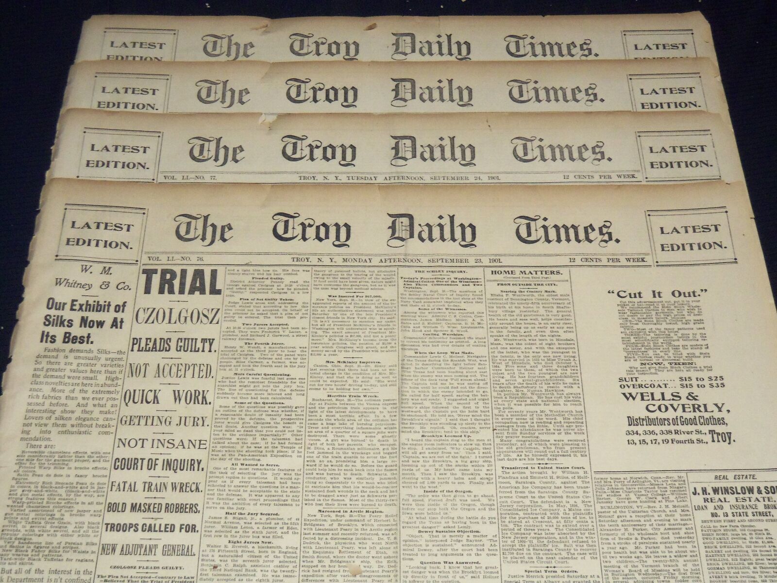 1901 SEPT THE TROY DAILY TIMES NEWSPAPER LOT OF 4 - CZOLGOSZ TRIAL - NP 1426C