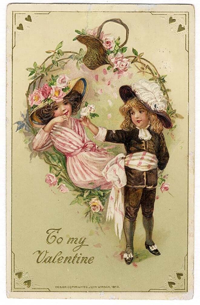 Winsch VALENTINE CHILDREN Schmucker Postcard 1913 Boy Girl Pink Flowers