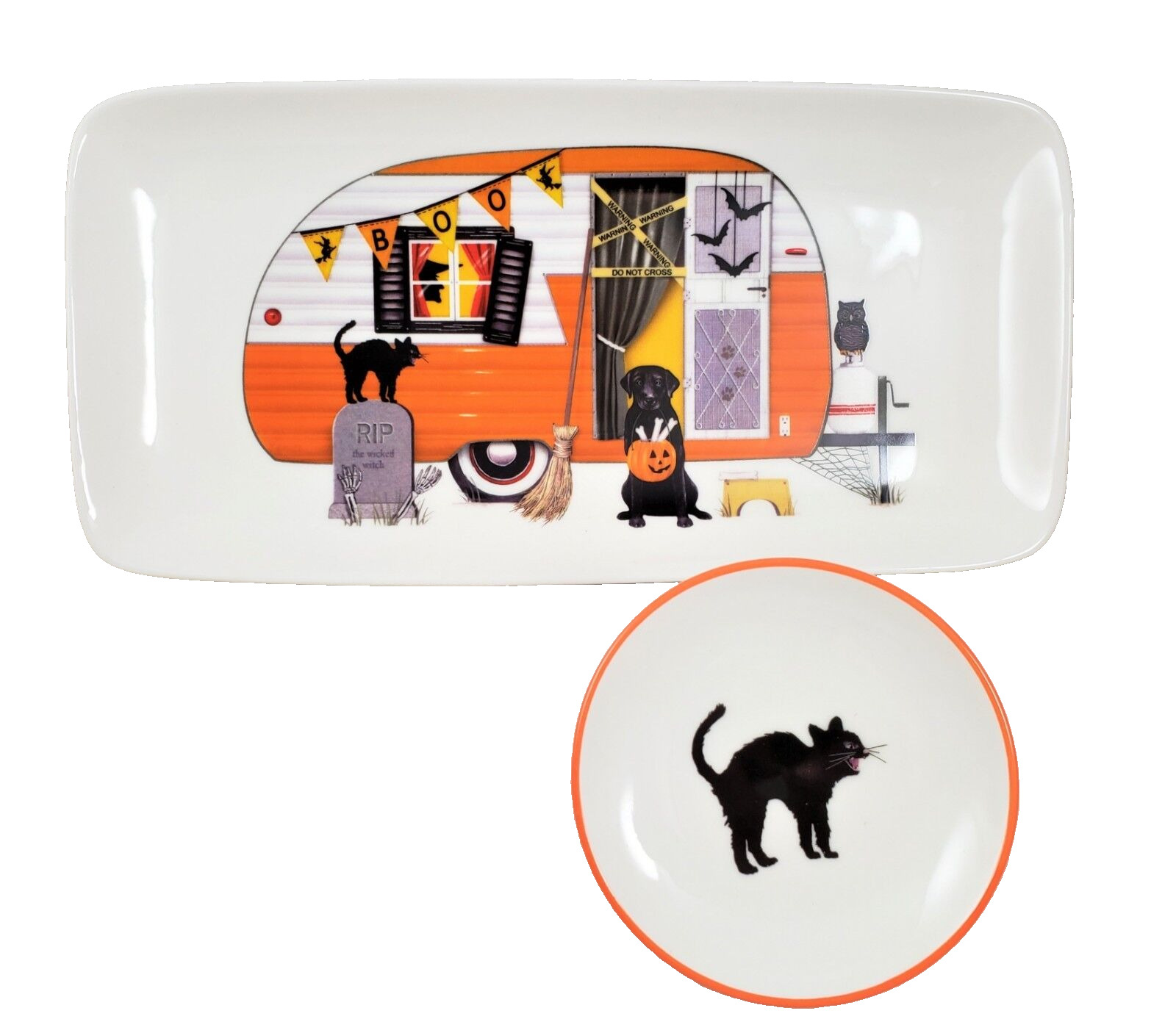 Halloween Platter Black Lab Dog & Black Cat 2PC Mary Lake Thompson Mobile Home