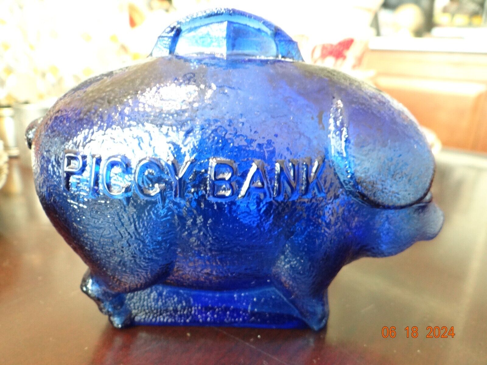 Nice Vintage Cobalt Blue GLASS PIGGY BANK Coin Money Savings 5\