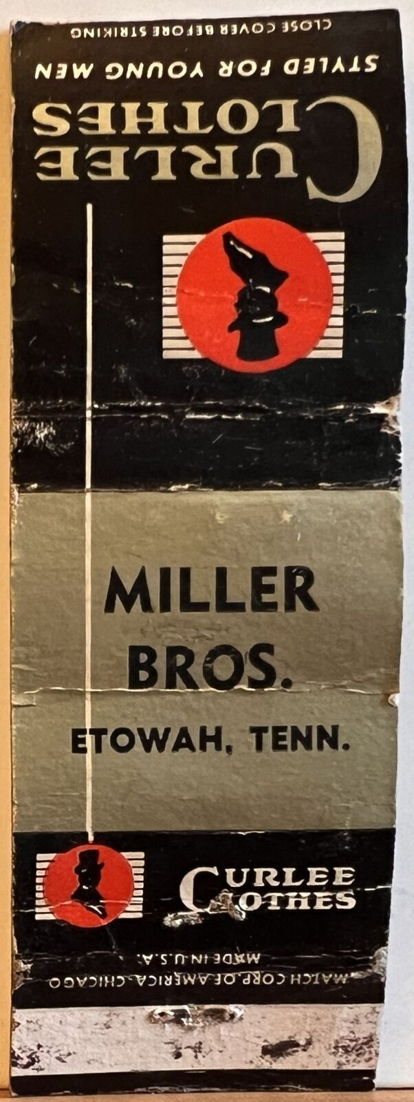 Miller Bros Etowah TN Tennessee Curlee Clothes Vintage Matchbook Cover