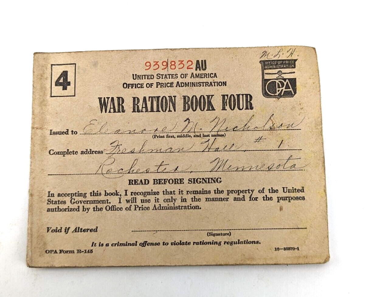 Vintage WW2 War Ration Book Four OPA Form R-145 + Stamps Nicholson MI 1943 #1W
