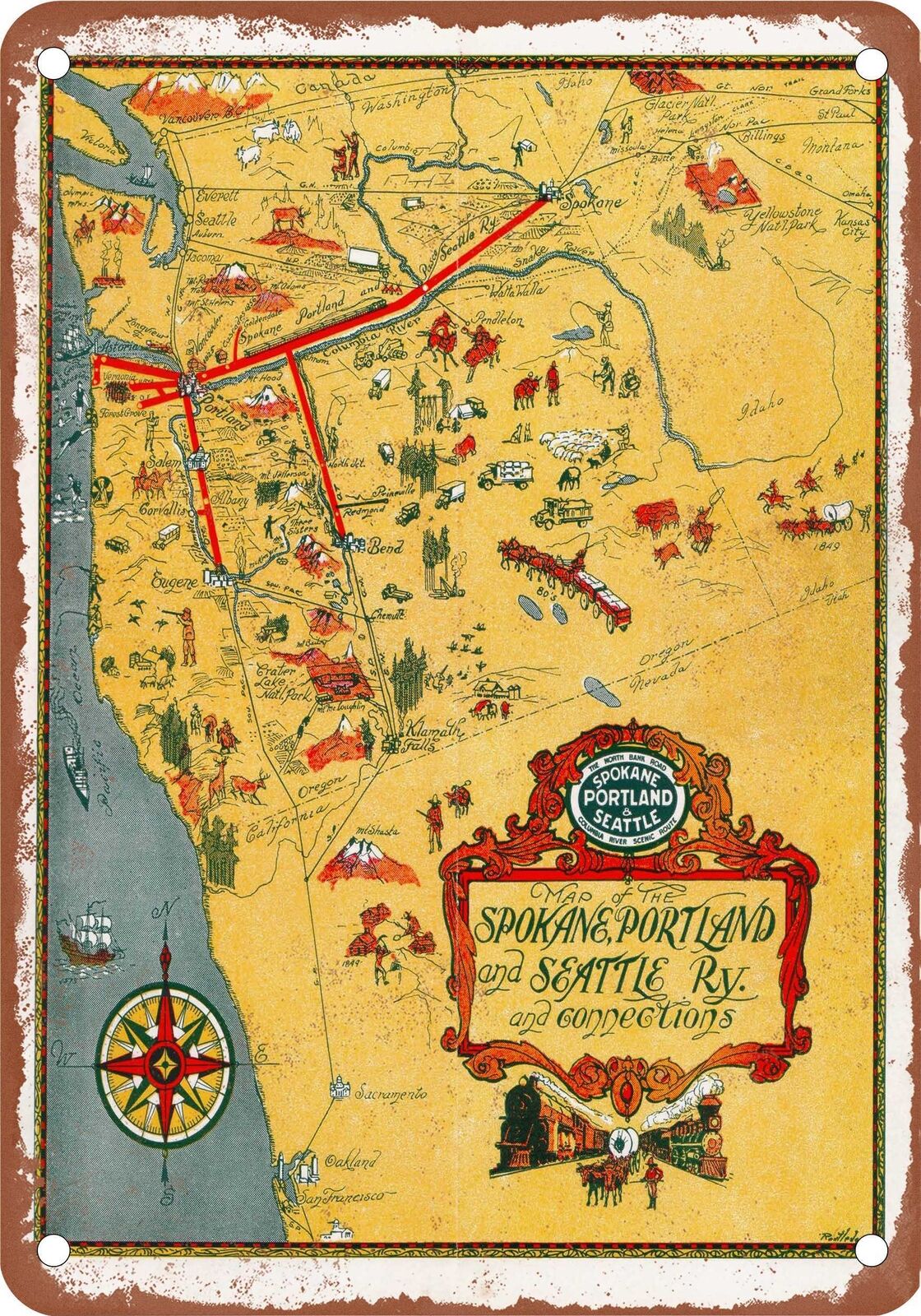 METAL SIGN - 1932 SP&S Route Map and Connections - Vintage Rusty Look