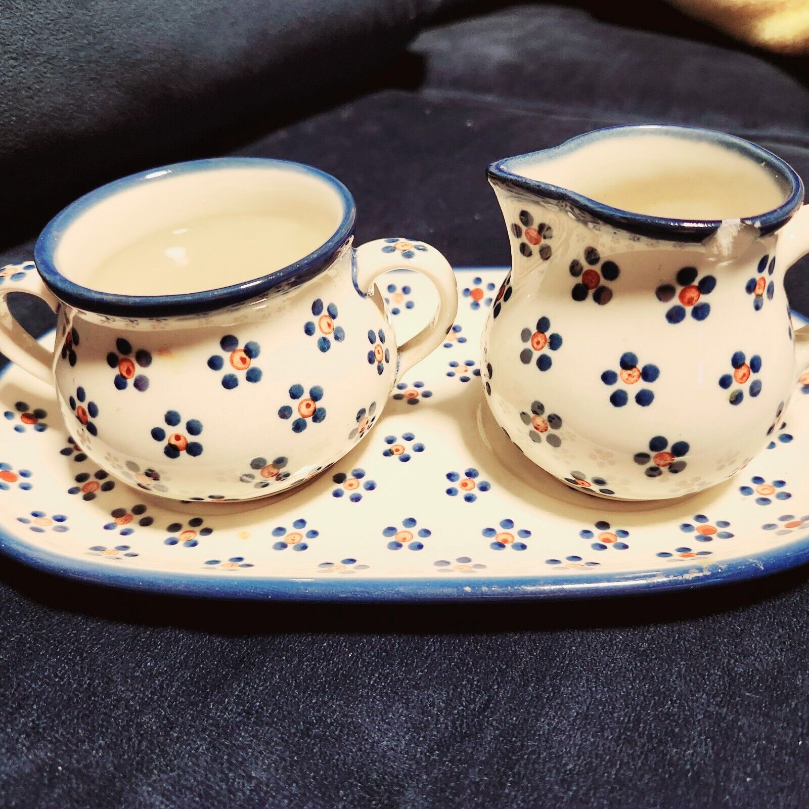 Boleslawiec Handmade Polish Pottery Vintage Daisy Dots Cream & Sugar Set
