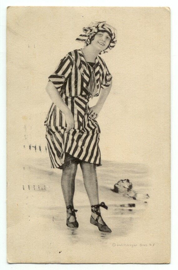 Woman In Beach Wear Bathing Suit c1913 Postcard