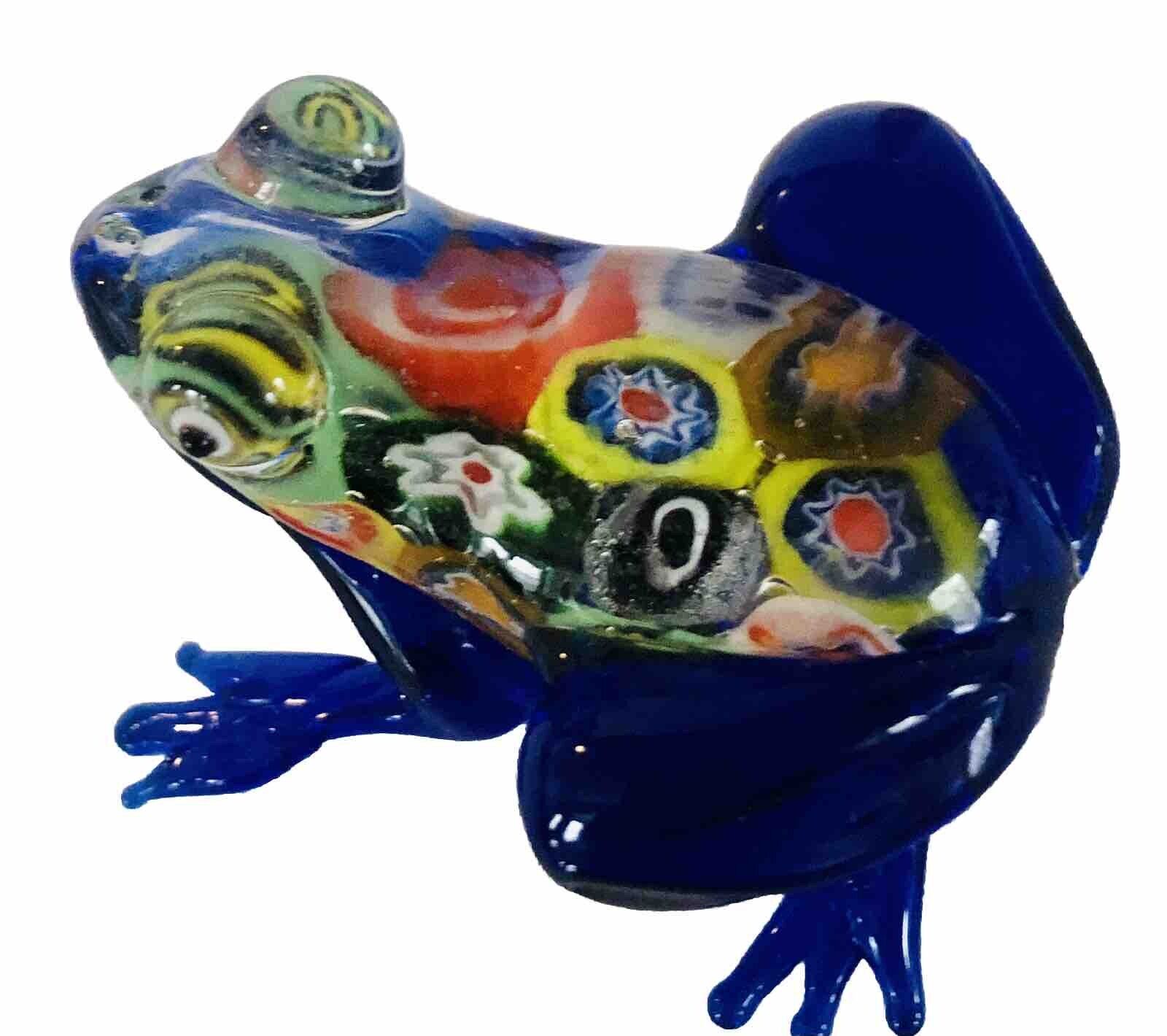 Art Glass Frog Figurine Millefiori Cobalt Blue Italy Handmade Colorful Gorgeous