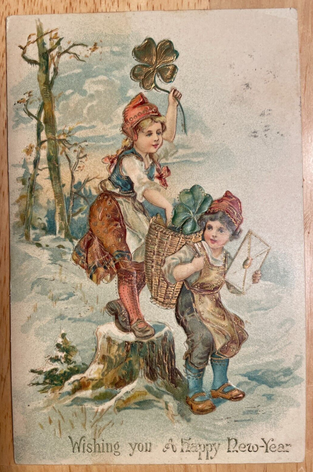 Vintage Victorian Postcard 1901-1910 Wishing You a Happy New Year - Kids in Wood