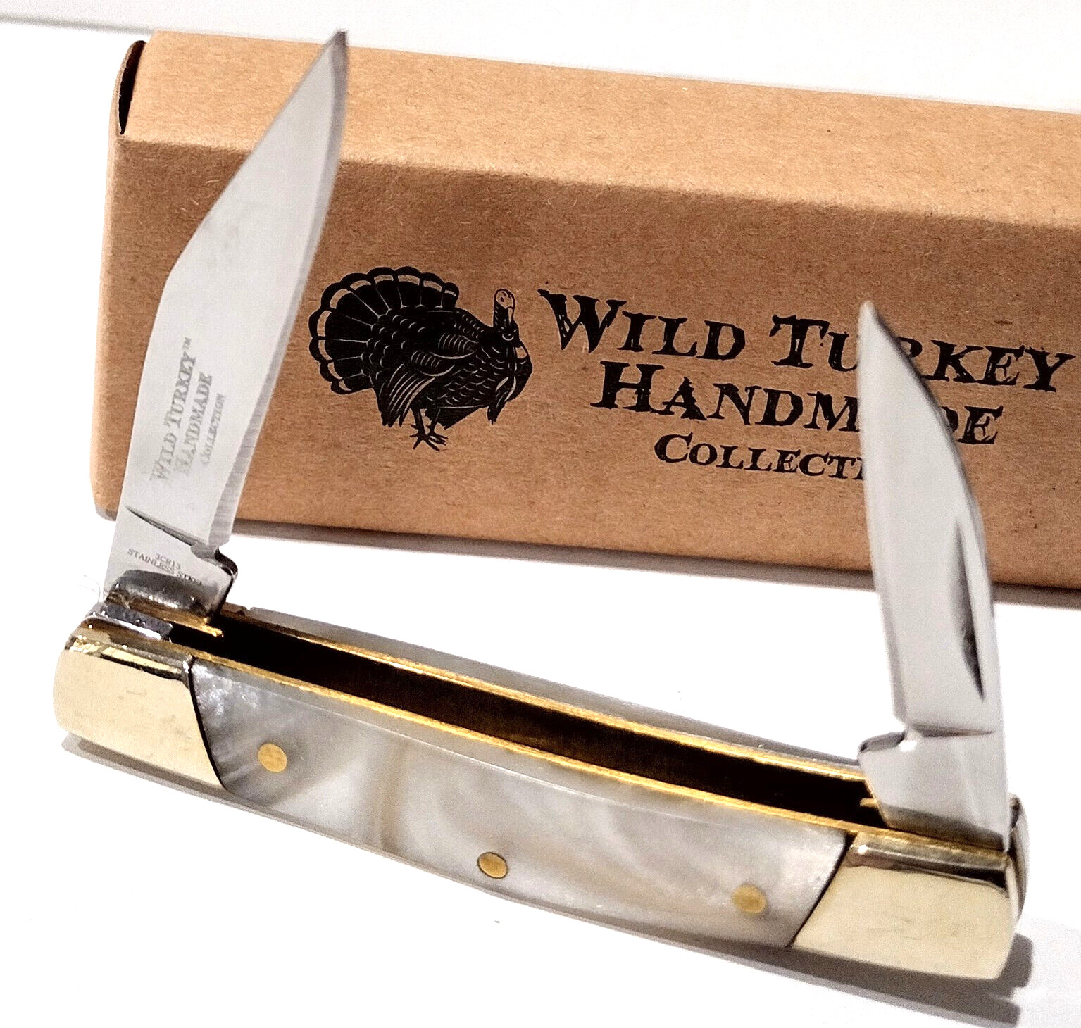 Wild Turkey Handmade MOP Smooth White Pearl 2 Blade Hunting Folding Pocket Knife