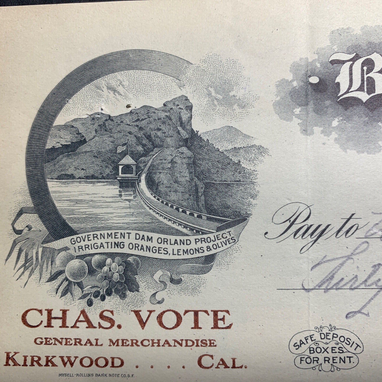 1916 Bank Check Of Orland California Dam Vignette Gen Merch Kirkwood California
