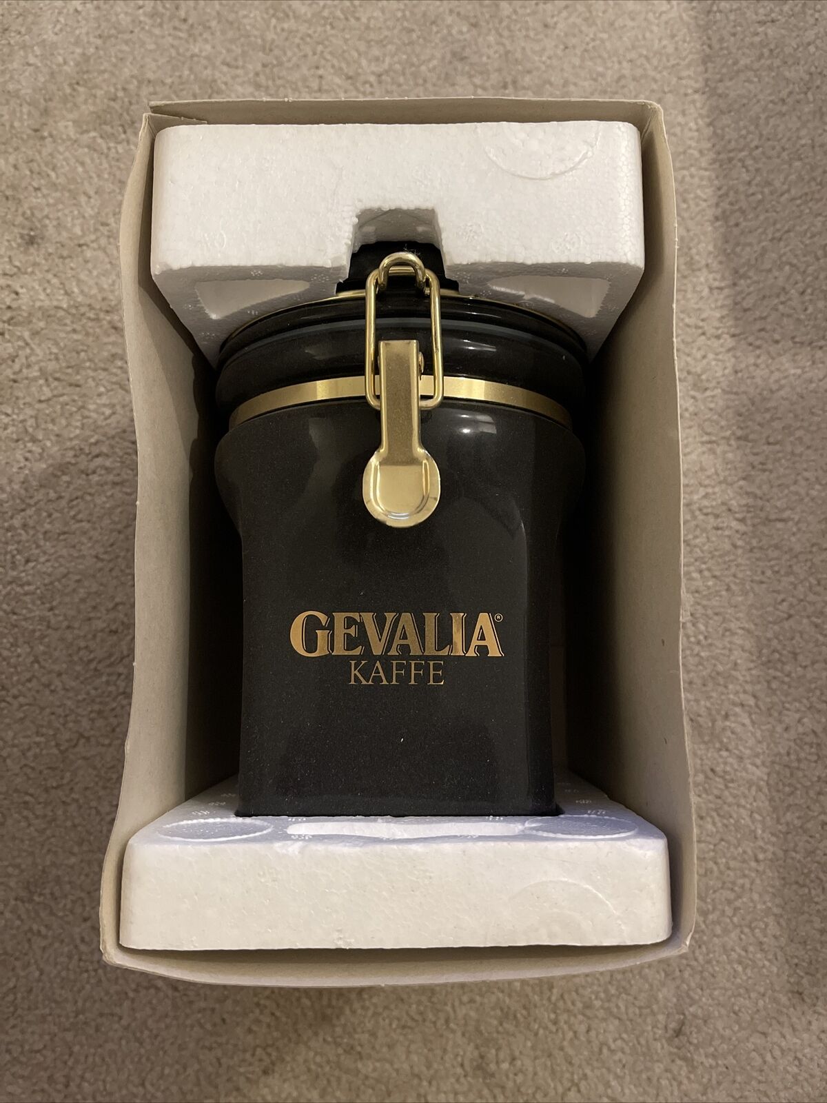Gevalia Kaffe Coffee Canister Jar Black & Gold Ceramic 7\