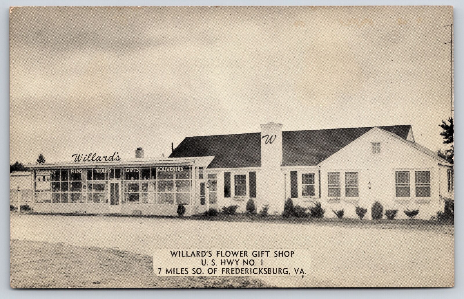 Fredericksburg Virginia~Willard\'s Flower Gift Shop~Roadside~1950s B&W Postcard