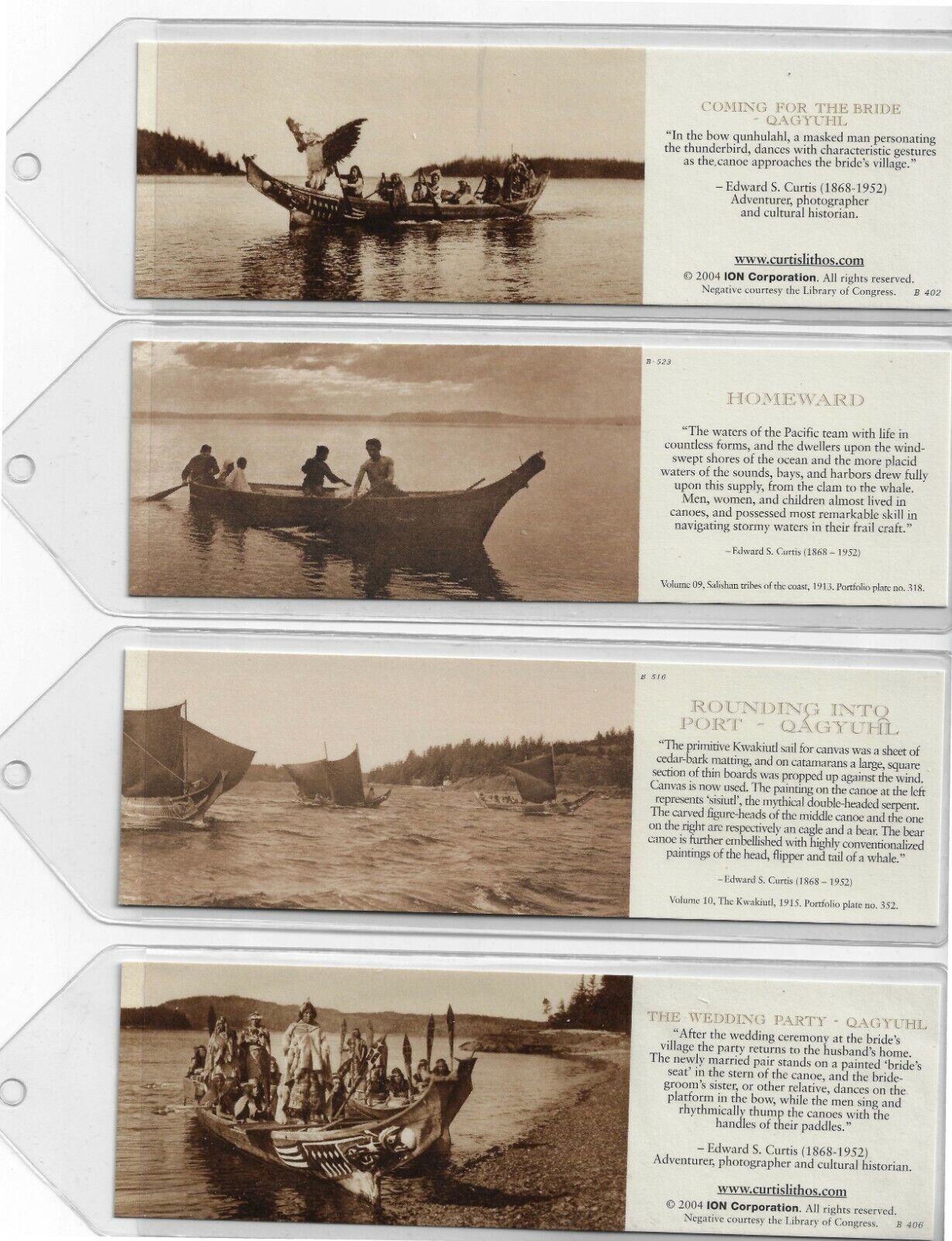Four bookmarks using photos by Edward S. Curtis of Native American Scenes