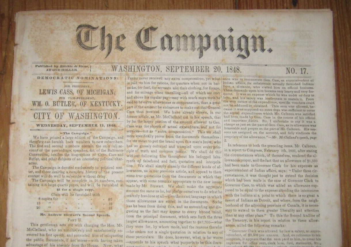 1848, Lewis Cass Presidental Campaign Newspaper \