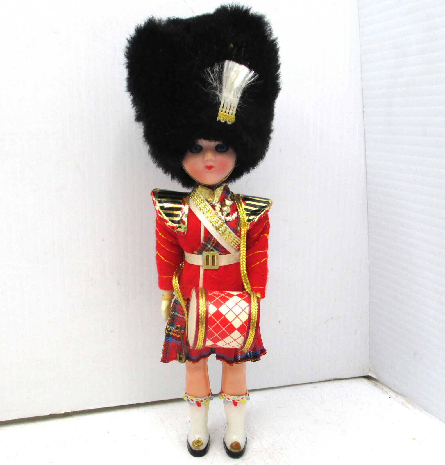 Vintage 1960s Doll Souvenir Fur Hat Plaid Kilt Drummer Drum Scottish Scotland