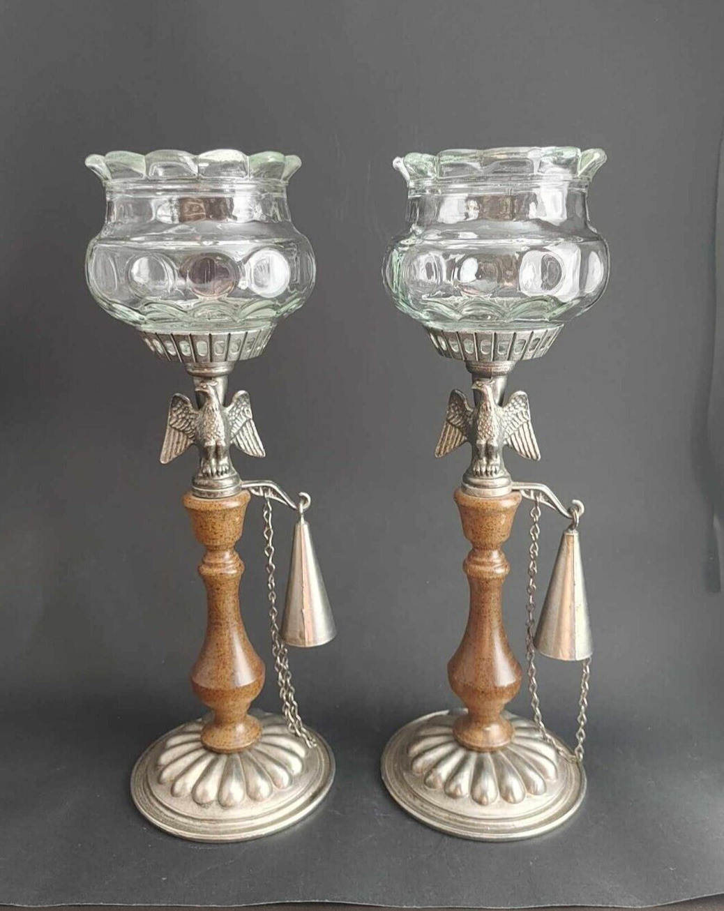 Pair Vintage Dilly Metal Wood Candle Holder Silvertone Eagle with Snuffers USA
