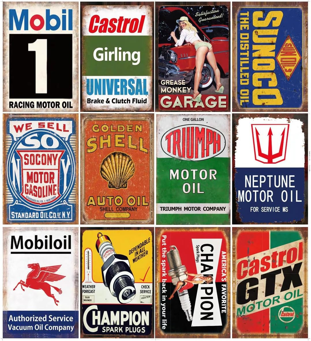 12 Pieces Reproduced Vintage Gas Oil Car Tin Signs, Home Bar Man Cave Garage Dec