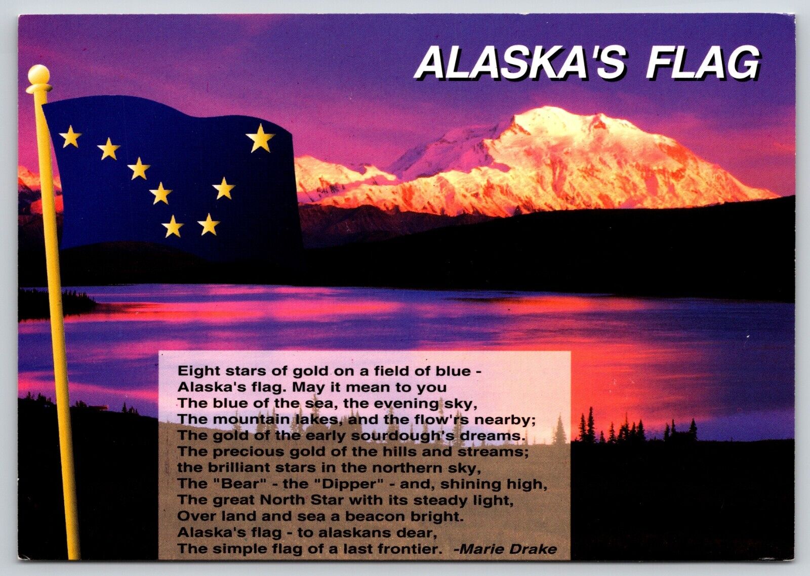Postcard Alaska\'s Flag with Mount McKinley at Sunset Marie Drake Poem